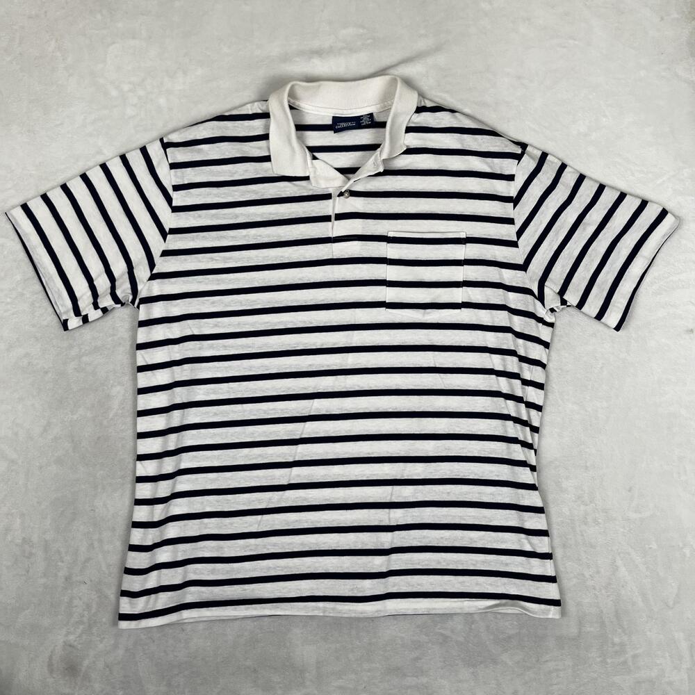 Vintage Mervyn's Polo Shirt Mens 2XL White Navy Stripe Pocket Knit USA 80s 90s